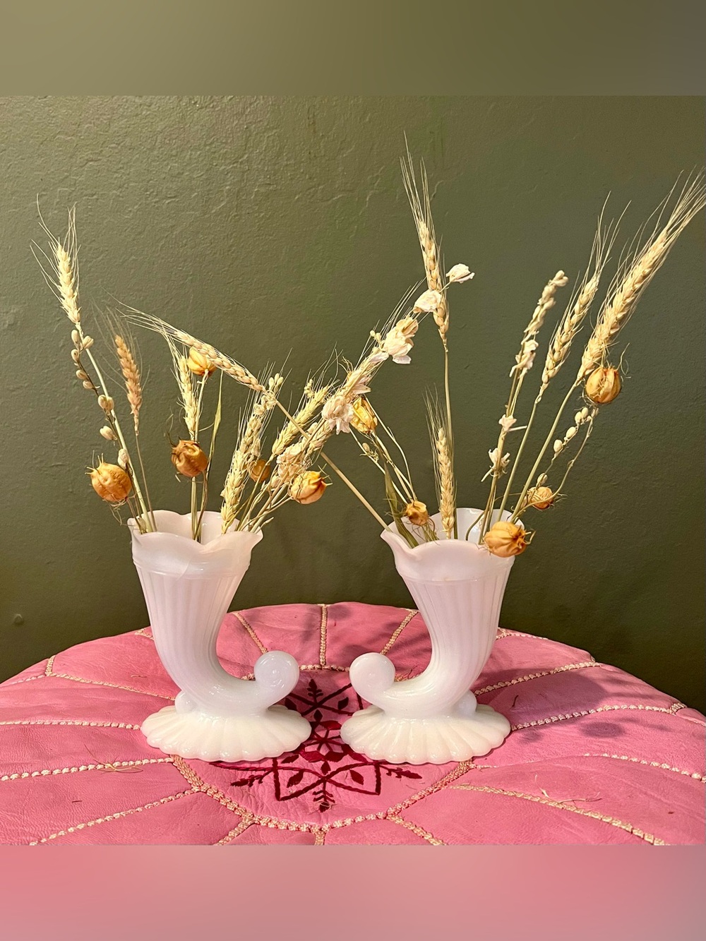 Vintage MCM White Milk Glass Cornucopia Vases - Pair of 2